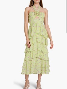 Wayf Paloma halter tiered dress lemon ditsy, yellow green floral color